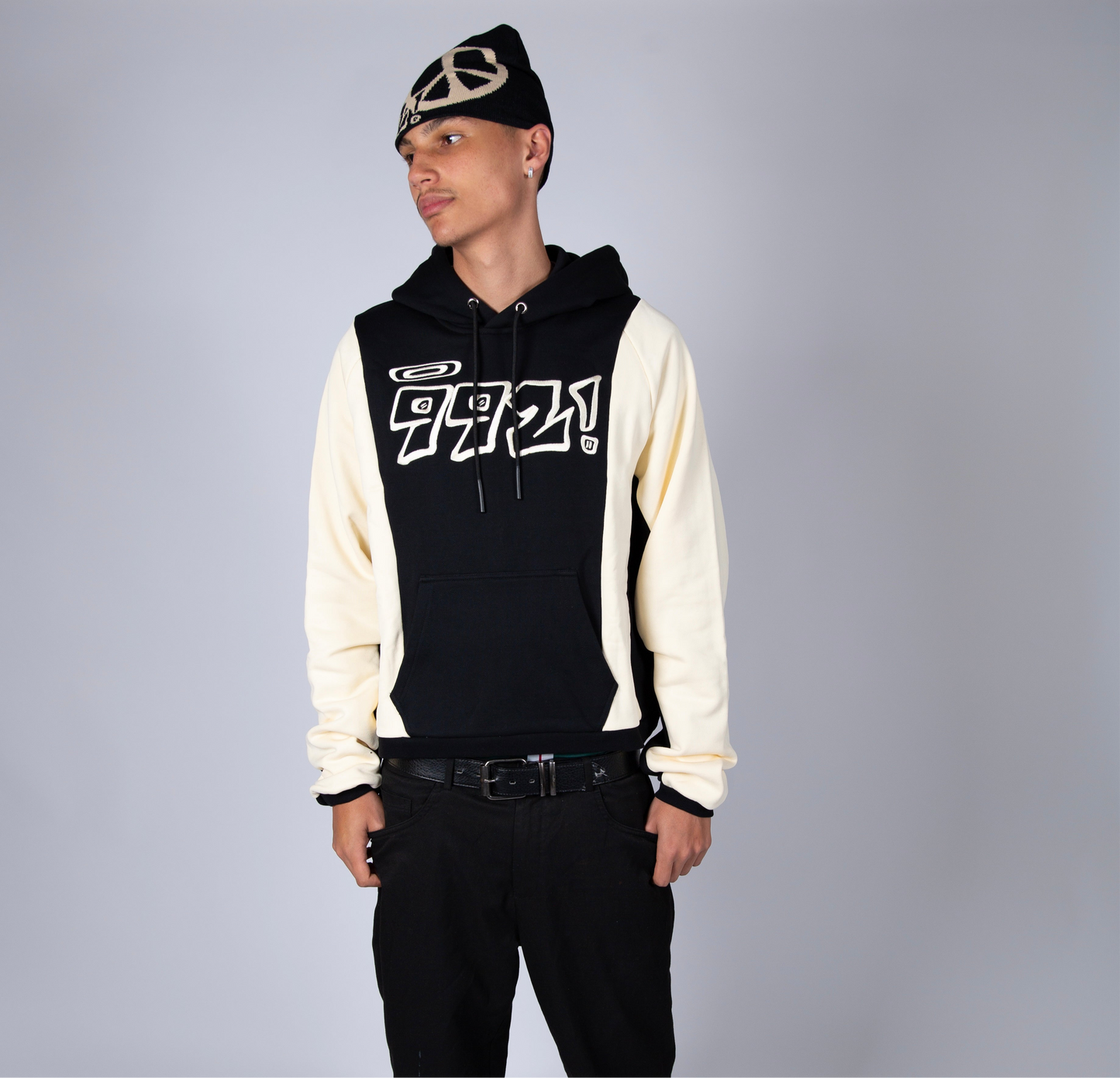 oversized black embroidered block hoodie