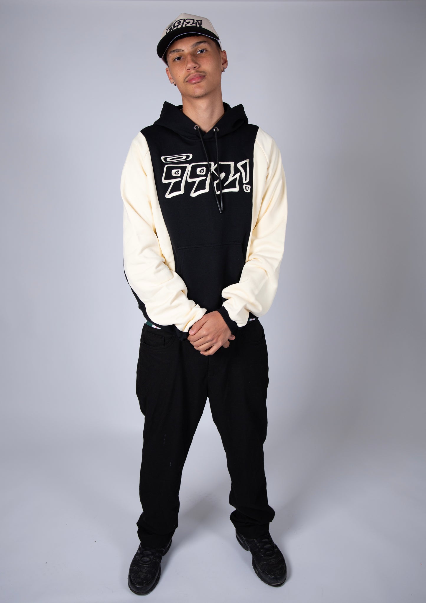 oversized black embroidered block hoodie