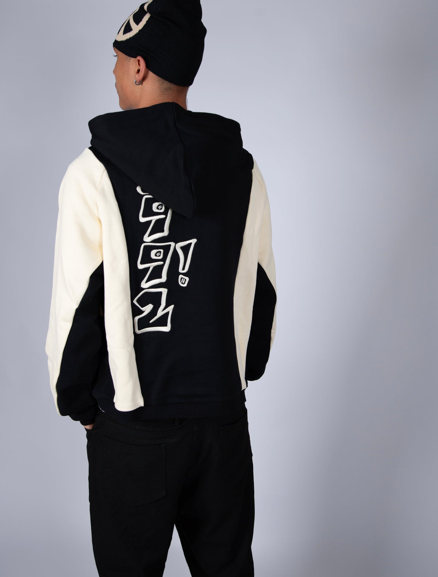 oversized black embroidered block hoodie