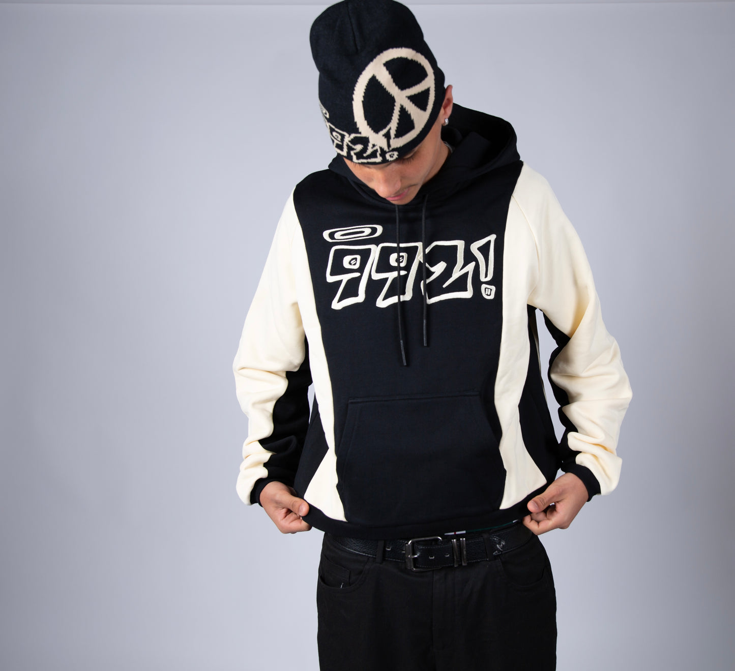oversized black embroidered block hoodie