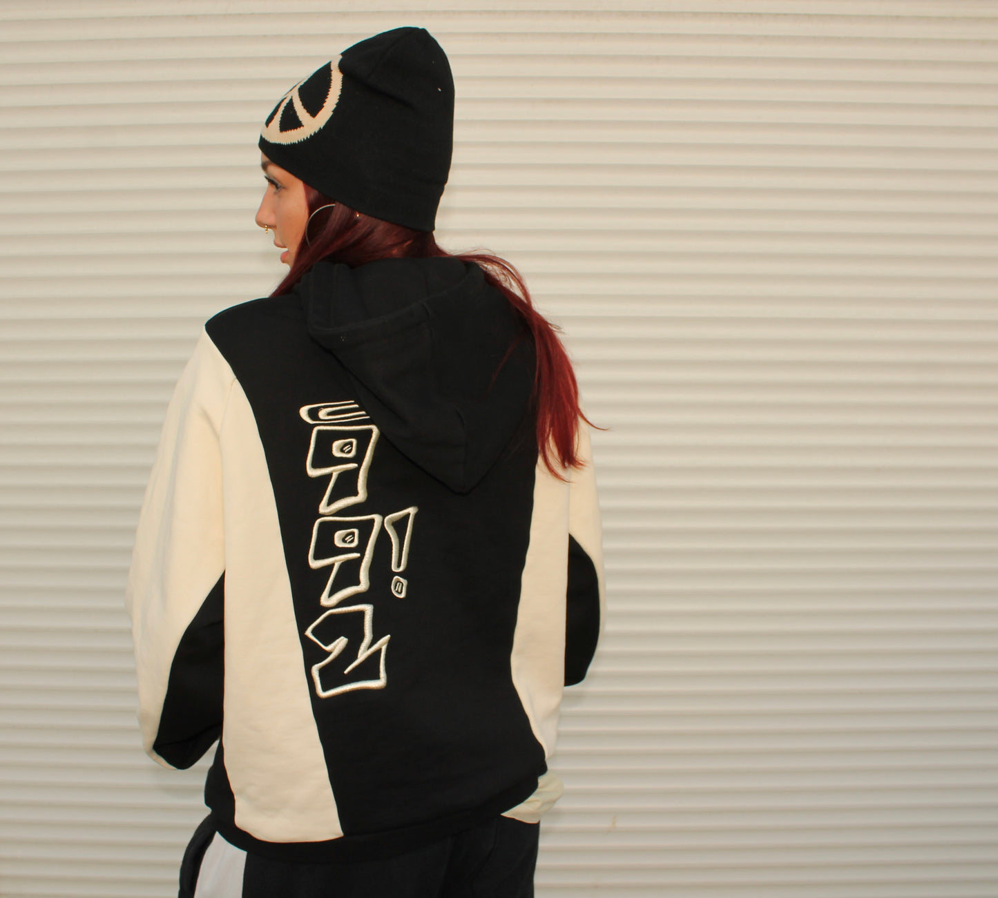 oversized black embroidered block hoodie