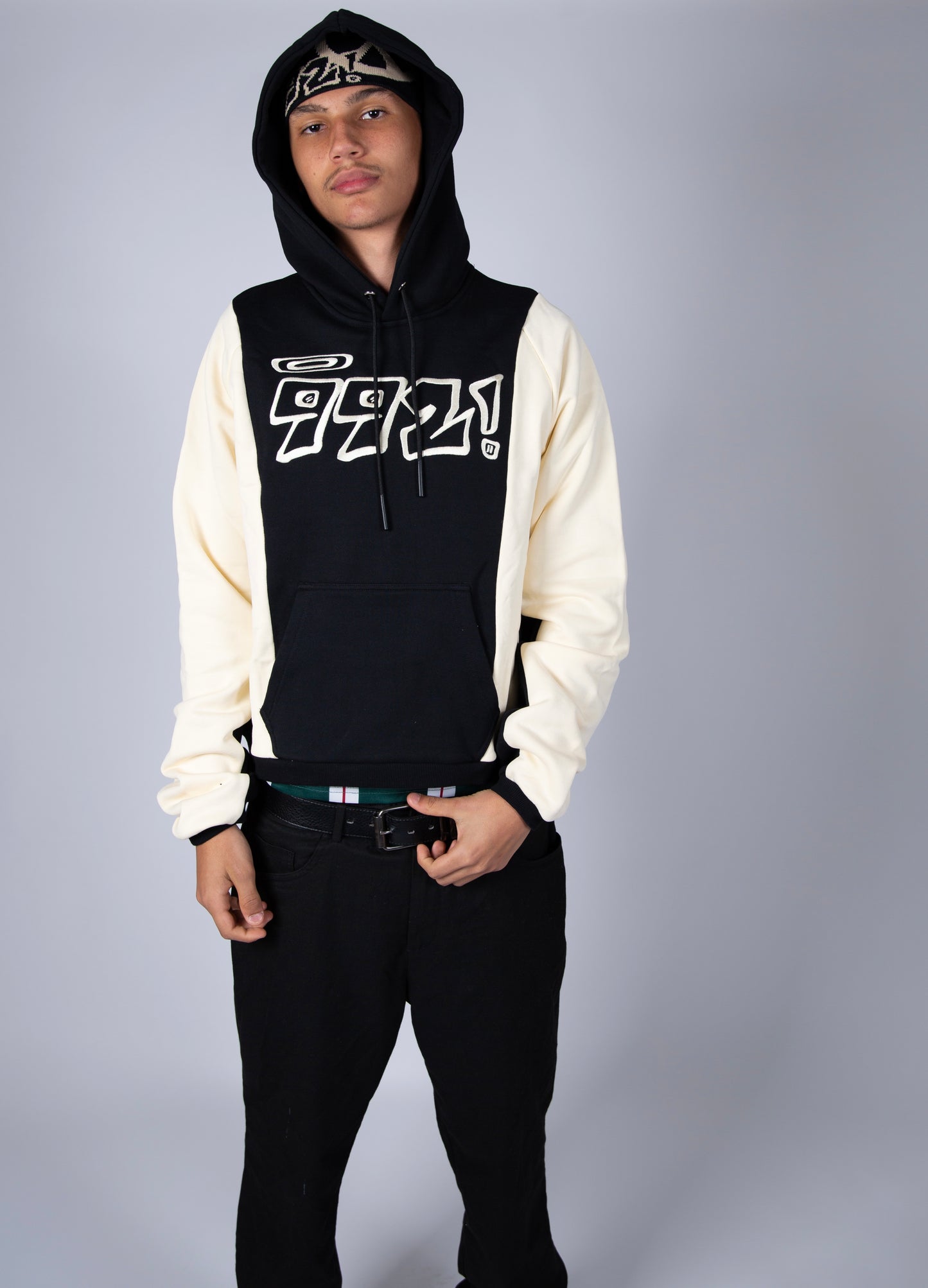 oversized black embroidered block hoodie