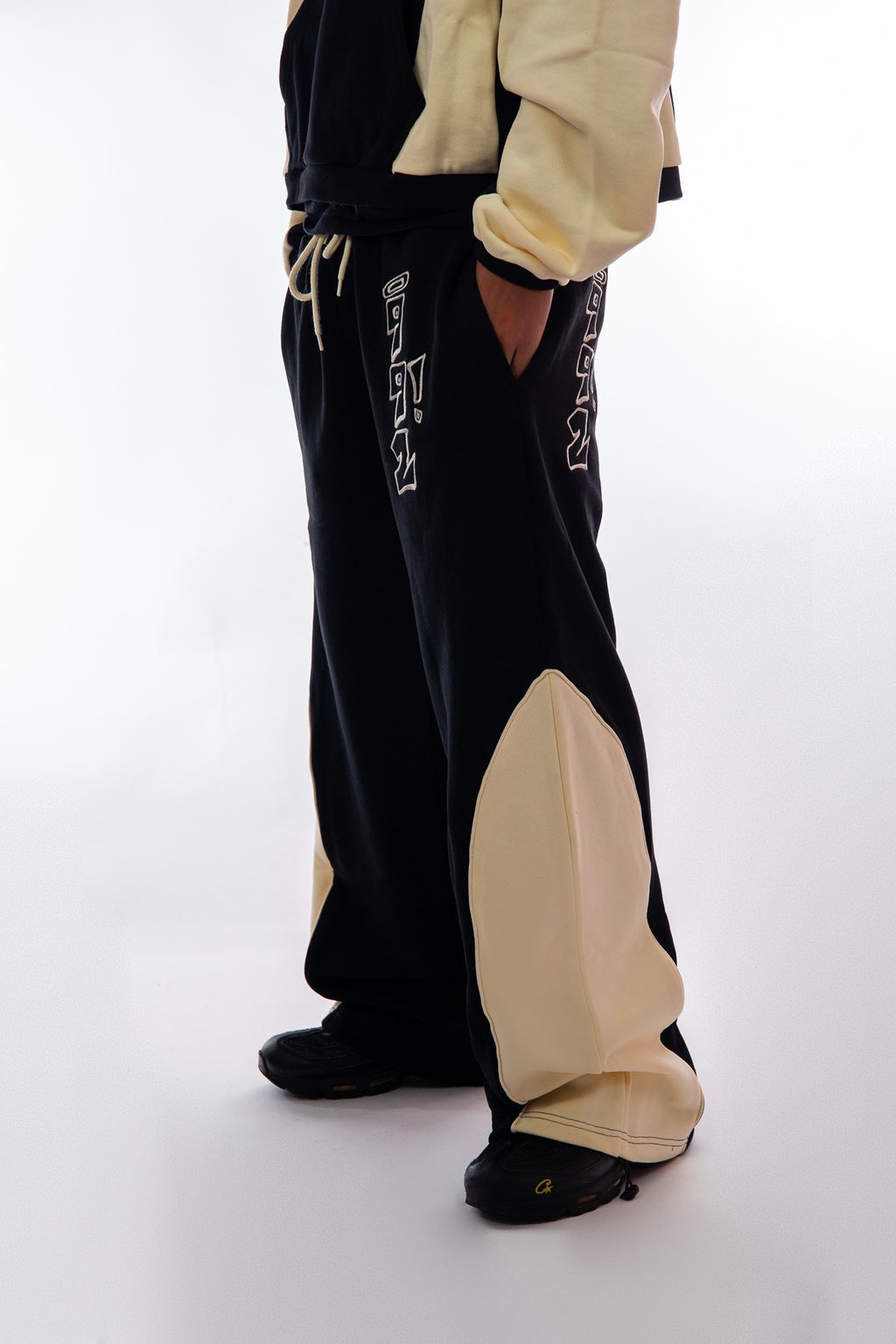 two tone embroidered joggers