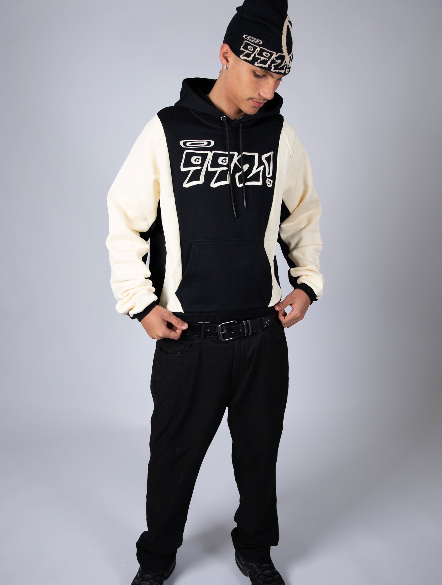 oversized black embroidered block hoodie