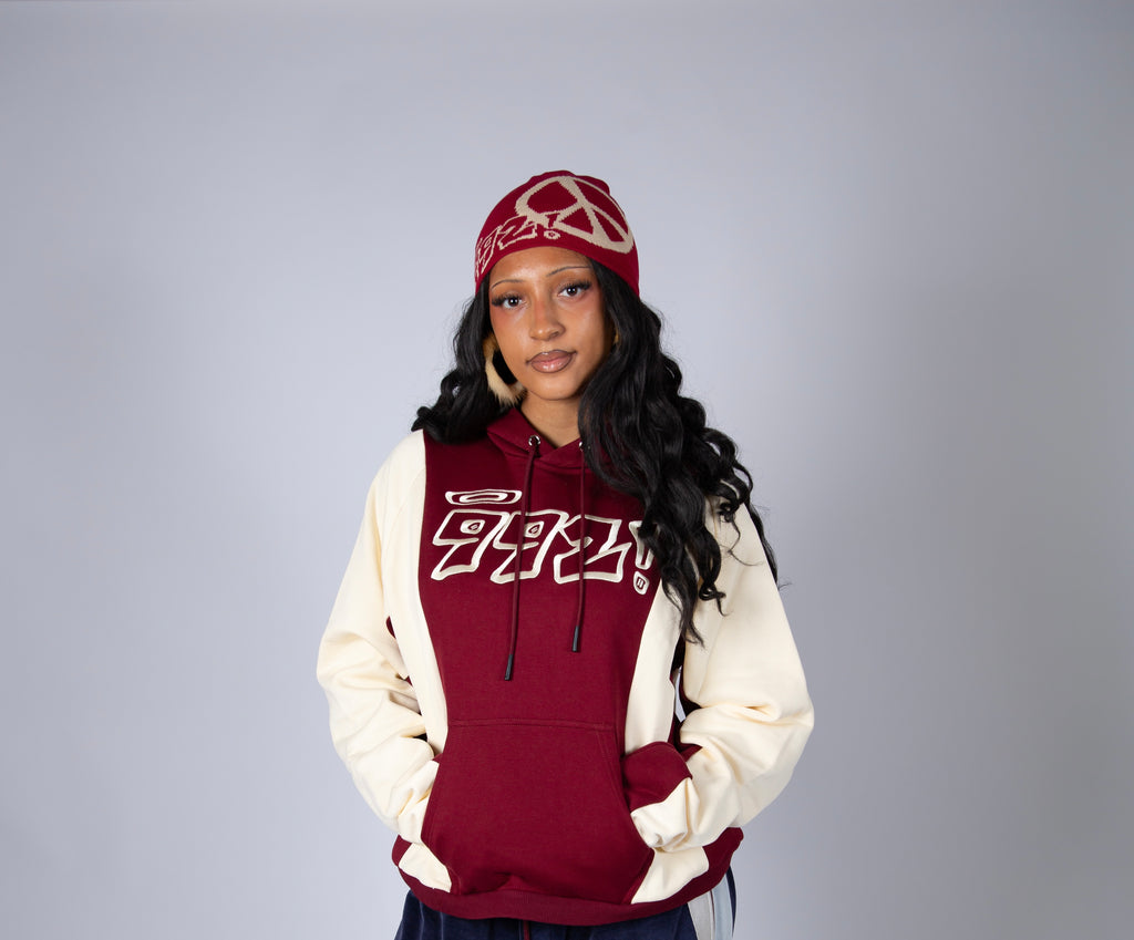 oversized burgundy embroidered block hoodie